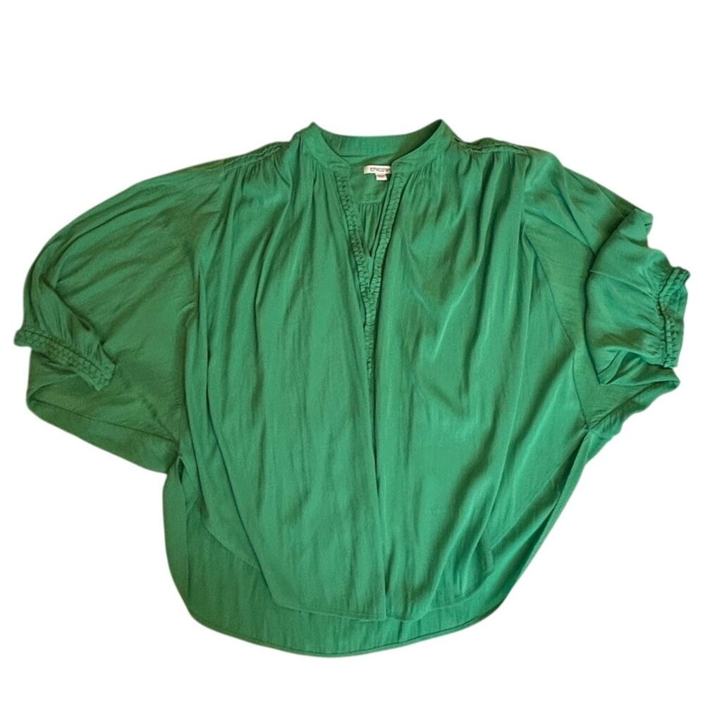 Chico's Kelly Green Pintuck Pleated Silky 3/4 Sleeve Tunic Blouse Size 10